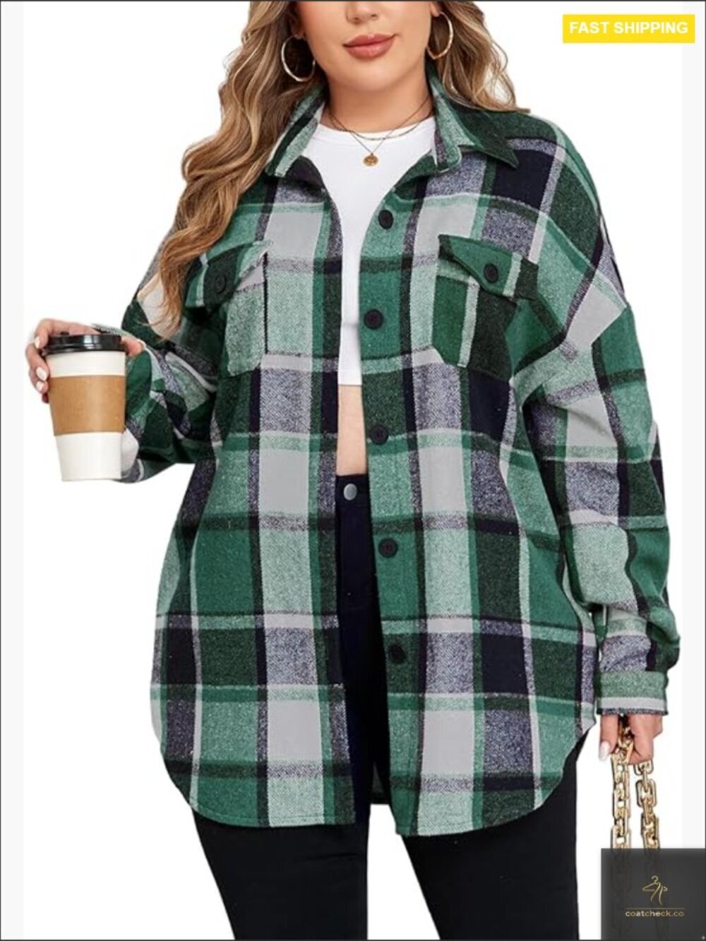 Plus Size Flannel Plaid Shacket Oversized Button Down Coat Winter Fall